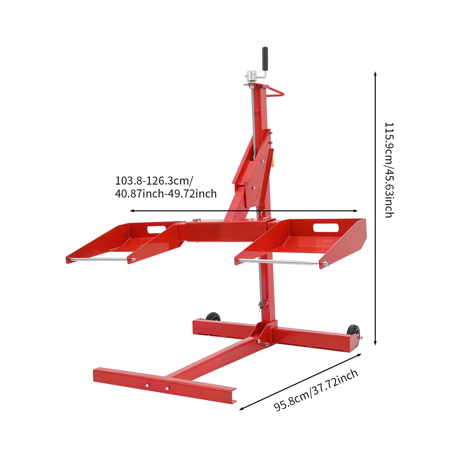Elevador de tractor de césped, extensible con 2 ruedas, para cortacéspedes, tractores pequeños y cortacéspedes, 204,12 kg, 103,8-126,3 cm, longitud ajustable