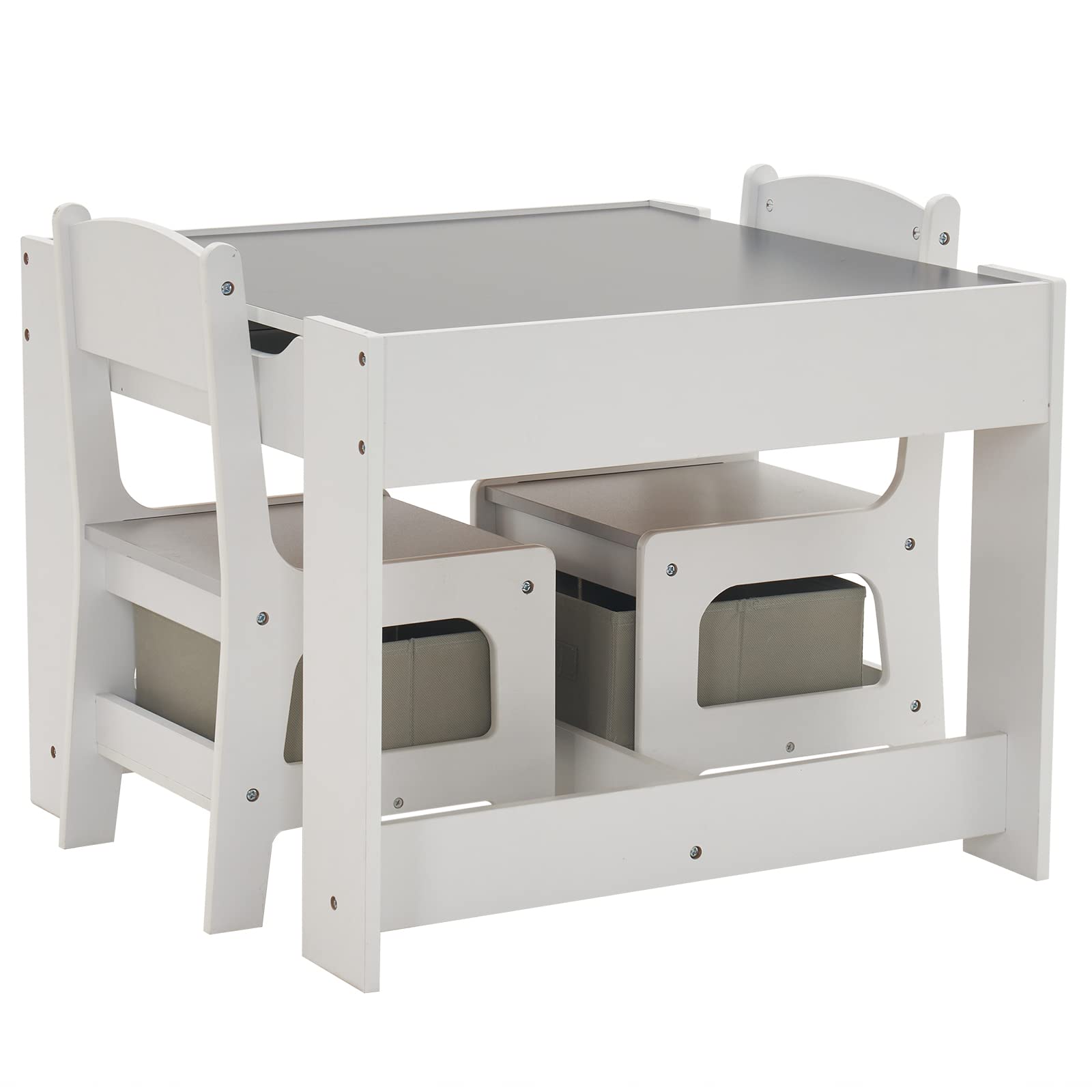 LEADZM Bureau pour Enfants, Table 3-en-1 avec 2 Chaises (3 pièces), à Dessin avec Espace de Rangement en Bois - Table Polyvalente pour Manger, Étudier et Jouer (Gris)