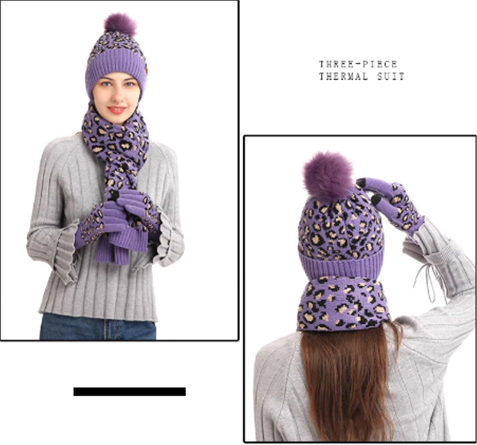 Czapka szalik rękawiczki Damski Zimowy Komplet Czapka, Szalik I Rękawiczki Z Pomponami, Ocieplany Pogrubiony Zestaw(Purple)