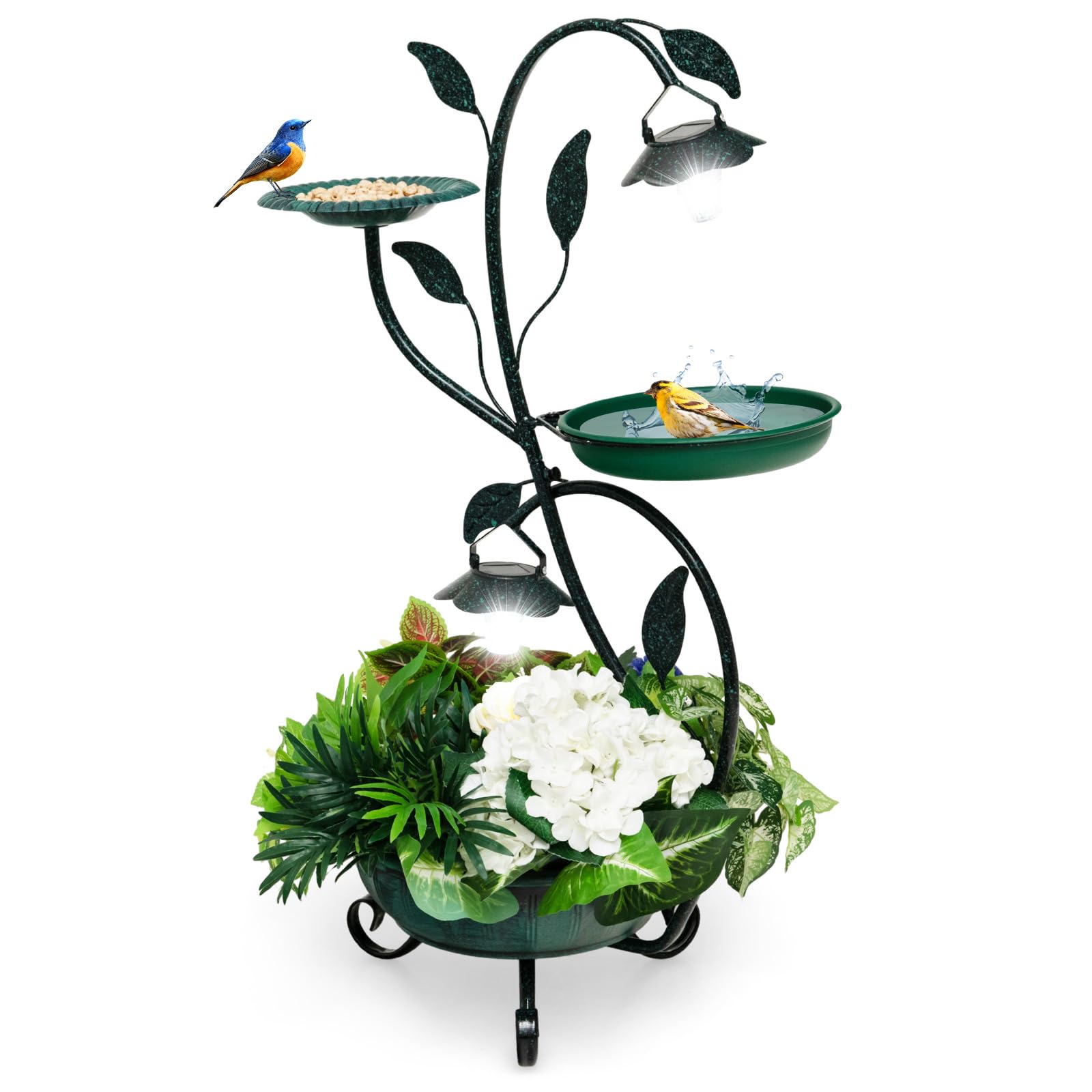 SOARS Abbeveratoio per uccelli con luce solare, mangiatoia per uccelli con mangiatoia per uccelli, vasca per uccelli e vaso per fiori, decorazione in stile vintage, resistente alle intemperie, per