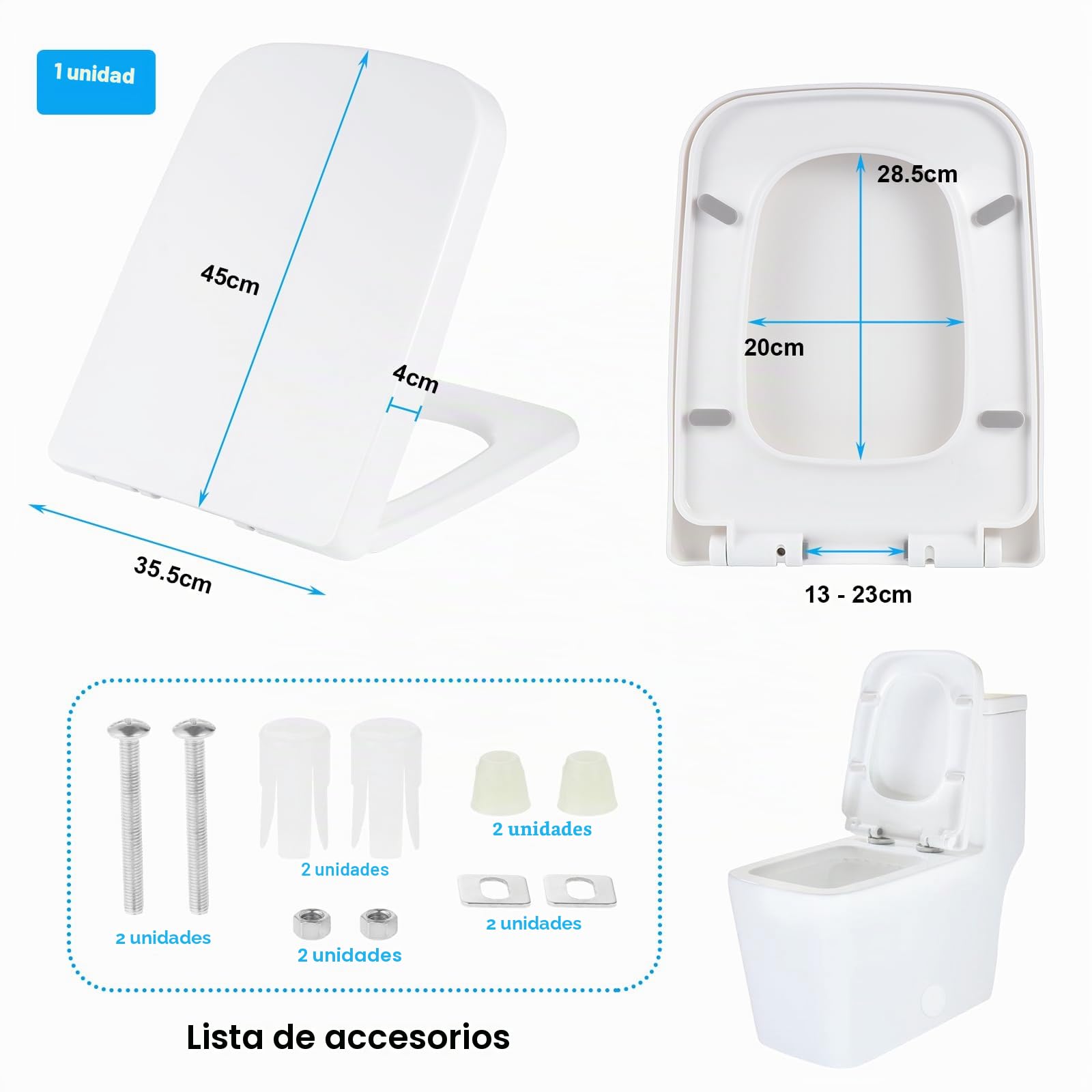 Asiento de Inodoro de Cierre Suave Con Liberación Rápida Para Fácil Limpieza, Universal Con Bisagras Ajustables (Forma Cuadrada)