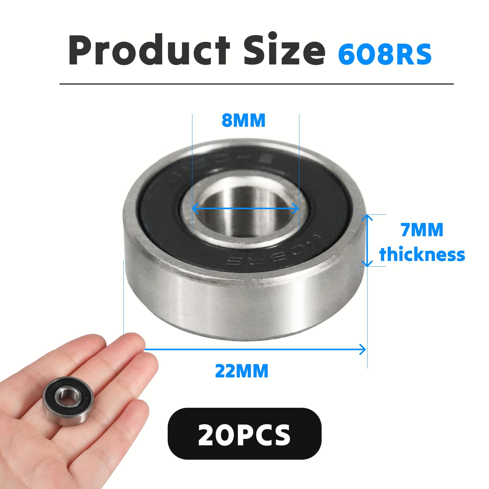 Rodamientos de bolas 608RS ABEC 9 8x22x7 mm para Skateboard, Longboard Eléctrico, Blindados (20pcs)
