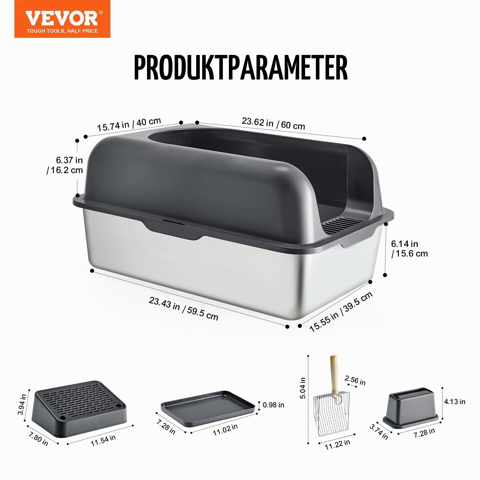 VEVOR Katzentoilette, 152,4 mm tief, XL extragroßes Katzenklo aus Edelstahl mit Schaufel, breitem Filter-Fußteil und hohen Rand, geruchsfreie Schalentoilette für Katzen, 60 x 40 x 30 cm, Dunkelgrau