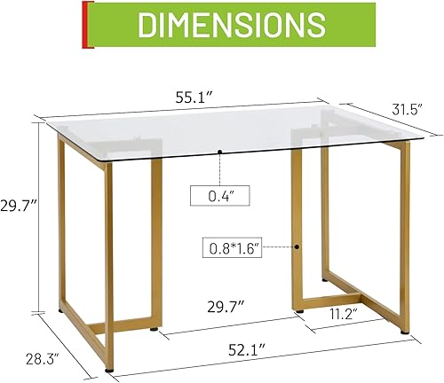 Miniatura 19 de FurnitureR Mesa rectangular moderna de vidrio templado espaciosa de 47 pulgadas y base dorada, elegante mesa de comedor para el hogar, cocina,