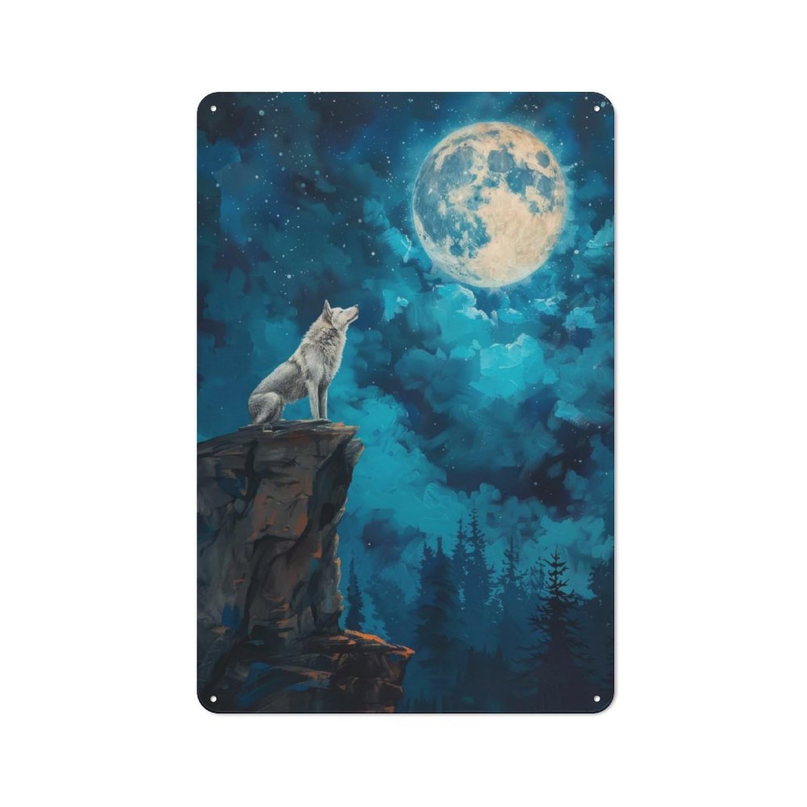 Junmoney Style-16 Wolf Howl In Moon Night Retro Tin Wall Plaque 30X20cm For Home Office Or Studio, For Cooler-Month Interiors With Retro Character