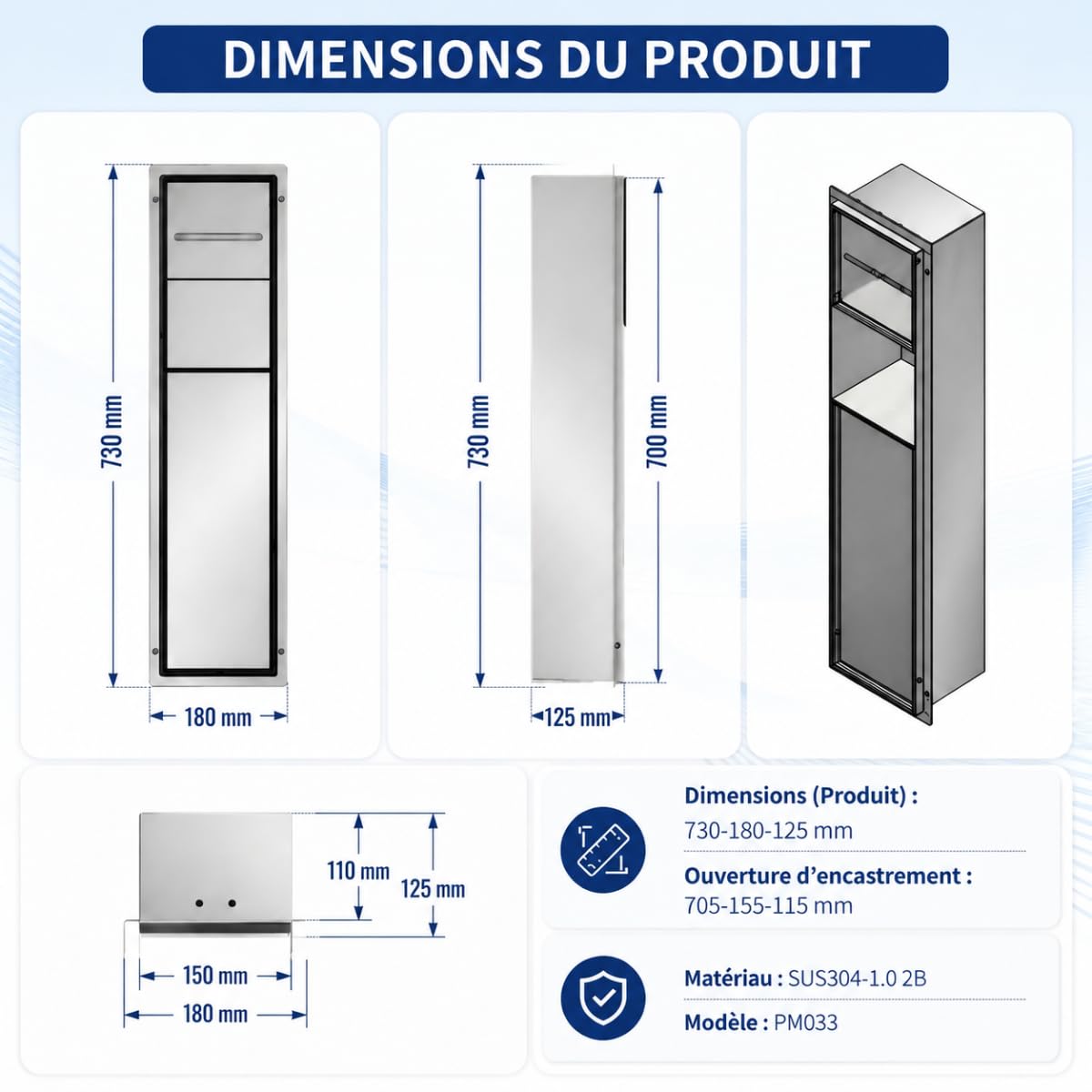 Armoire Toilette encastrée INOX, Blanc Mat, 70x15x12cm