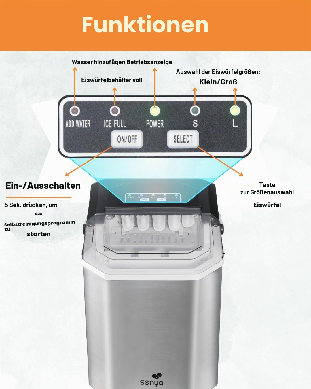 SENYA Eiswürfelmaschine, 2 Eiswürfelgrößen, bis zu 12 kg in 24 Stunden, Tank 1,3 l – LED-Display – Infrarot-Erkennung – Edelstahl