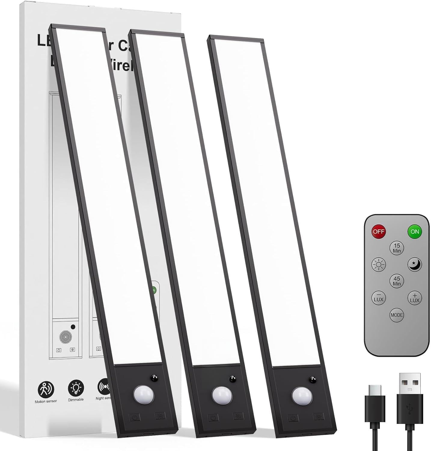Iluminación debajo del gabinete, 70 luces LED con sensor de movimiento para interiores, paquete de 3 luces magnéticas regulables para armario, luces recargables que funcionan con pilas, luces
