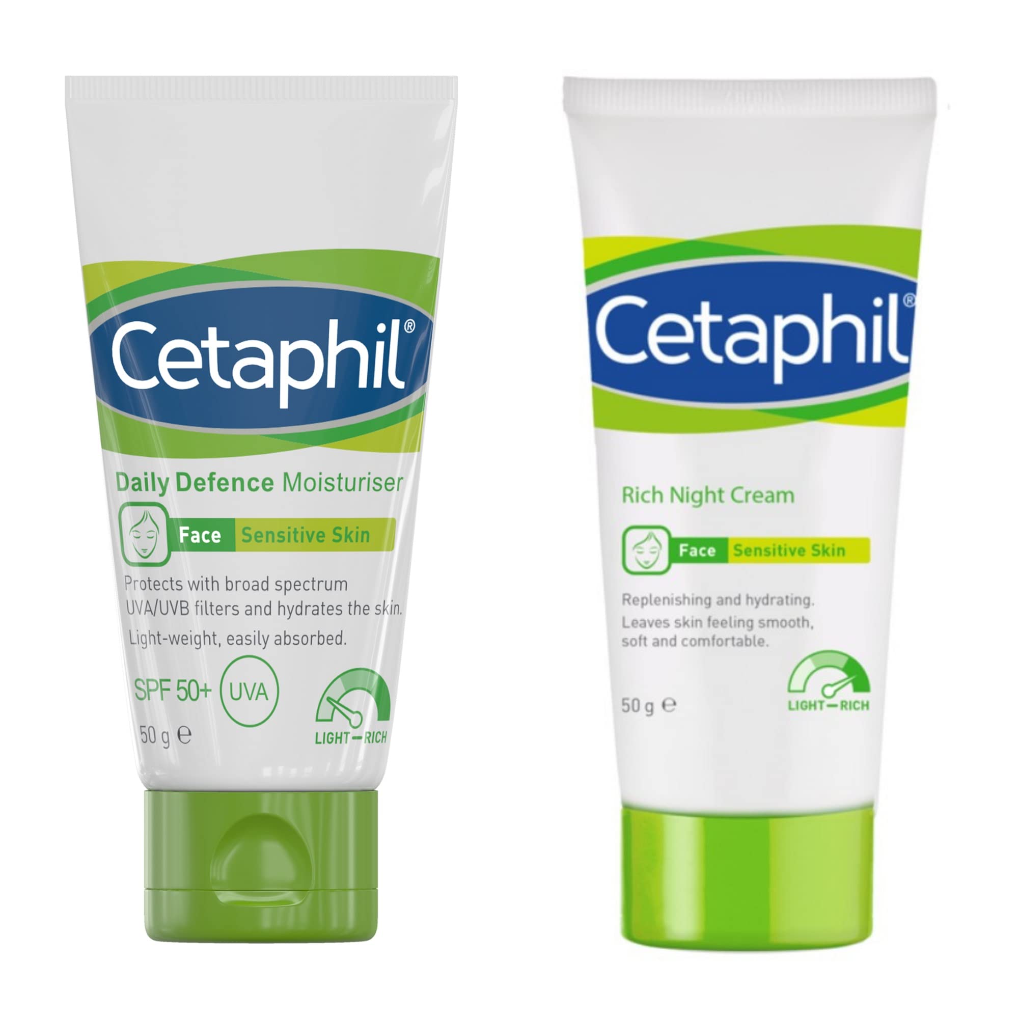 Cetaphil Skin Care bundle with Daily Defence Face Moisturiser 50g SPF50 and Rich Night Cream 50g, for All Skin Types, Mois...