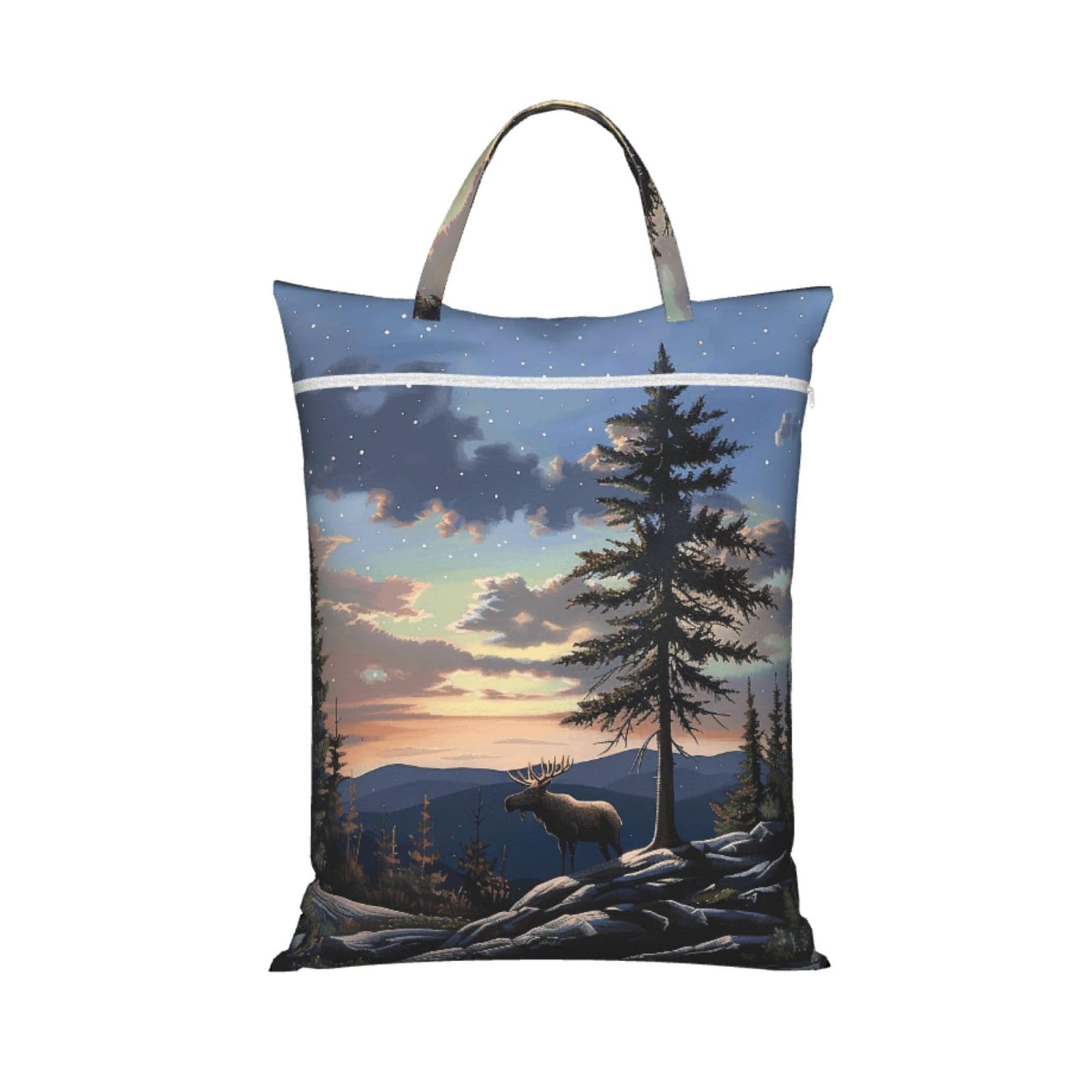 Large Travel Laundry Bags,Moose Mountain Pine Tree Wilderness Print with Handle Foldable Laundry Bag for Holidays Gym Swimming and Family Trips, 1Pcs