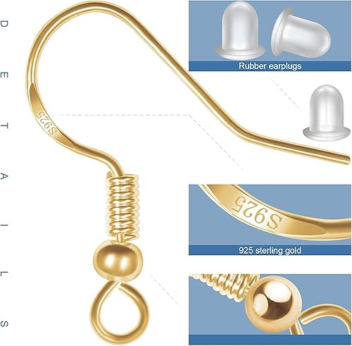Miniatura 7 de Ganchos para aretes de plata de ley 925, kit de 750 ganchos para aretes, 250 piezas125 pares de ganchos hipoalergénicos dorados y plateados con 250
