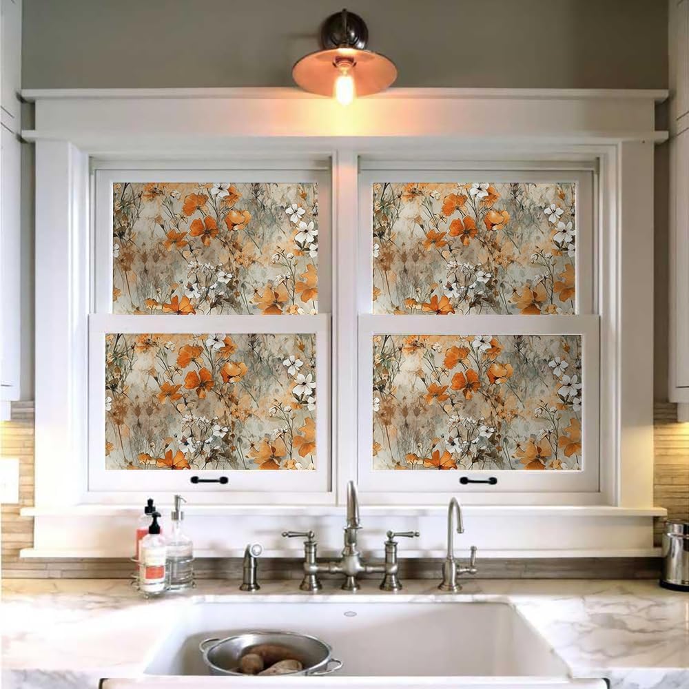 18"x236" Boho Orange Brown Wildflower Peel and Stick Self Adhesive Wallpaper Removable Contact Paper Stick on Easy Peel Off Wall Paper for Kitchen Bedroom Bathroom