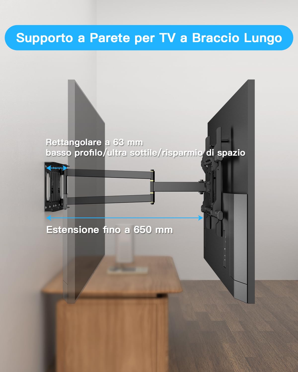 WHYFONE Supporto da Parete per TV Girevole Inclinabile Estensibile, Staffa TV Braccio Extra Lungo 650mm, Braccio TVs ad Angolo per Televisore da 32-70 Pollici fino a 35kg, Max VESA 600x400mm