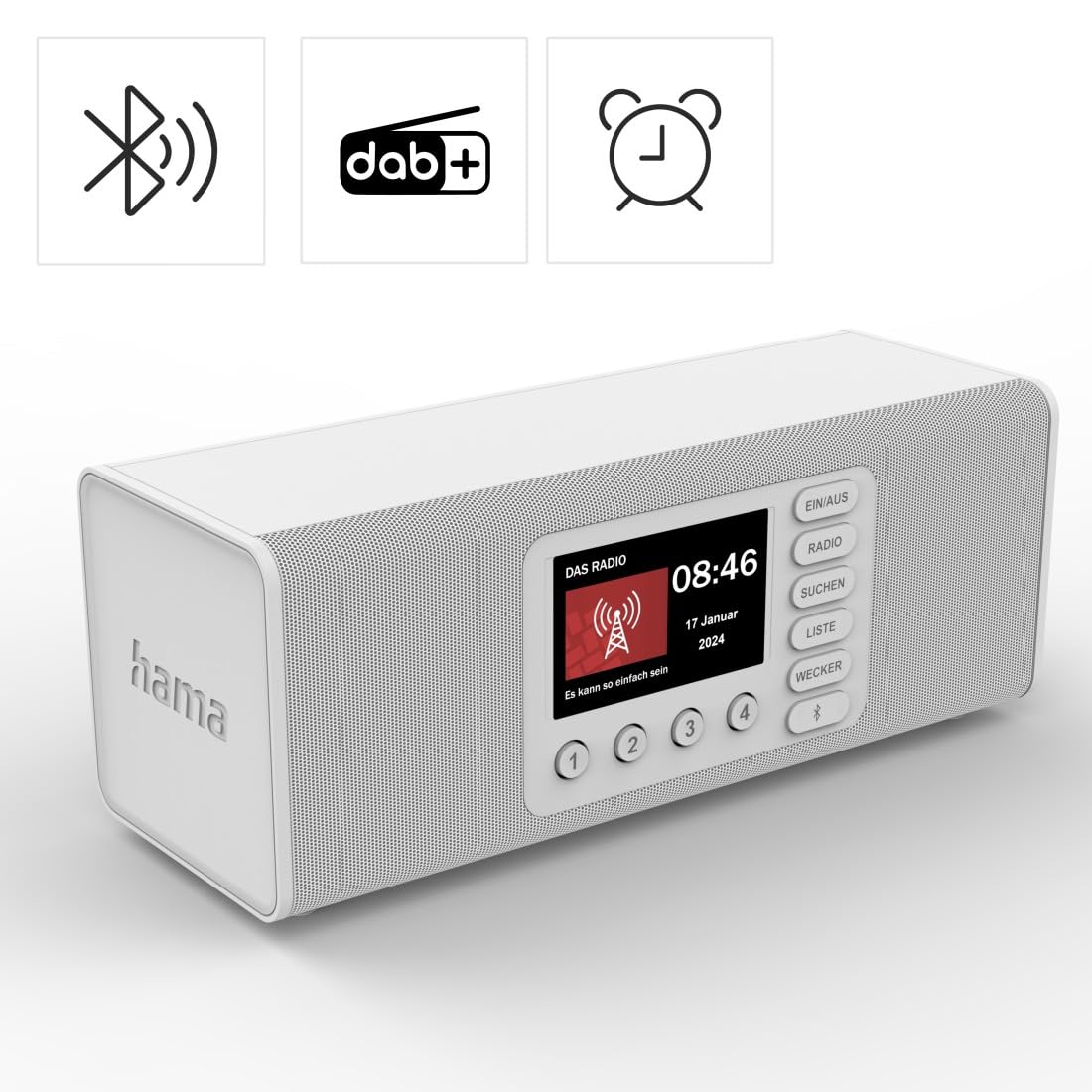 Hama Digitalradio mit Wecker (DAB Radio mit großem Display, Küchenradio, DAB+, Seniorenradio mit einfacher Bedienung, Bluetooth, FM, Radiowecker, Stereo-Radio, kleines Radio mit gutem Empfang) weiß