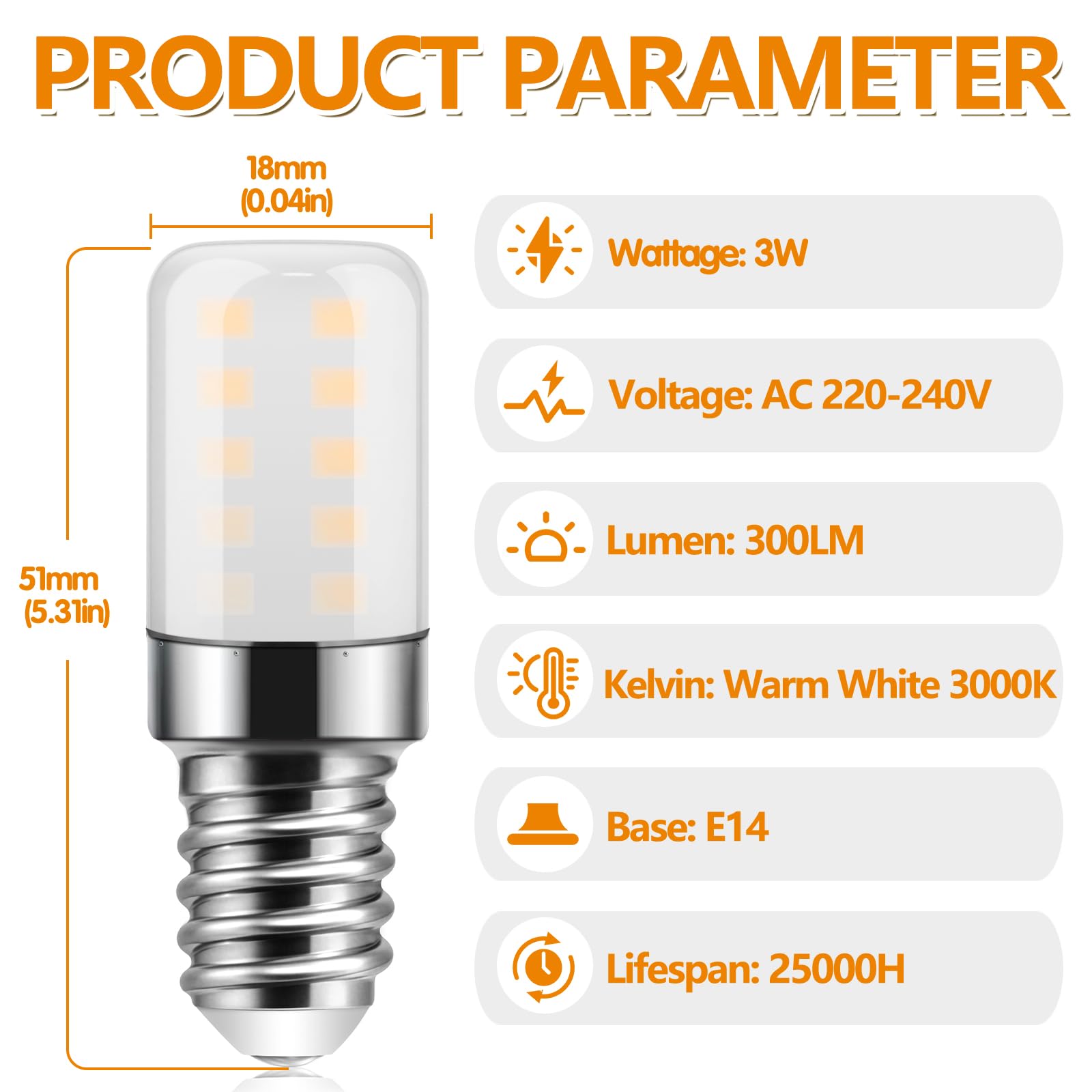 E14 LED Fridge Bulb, 3W Warm White 3000K, 300LM, 25W equivalent Incandescent lamp - Image 2