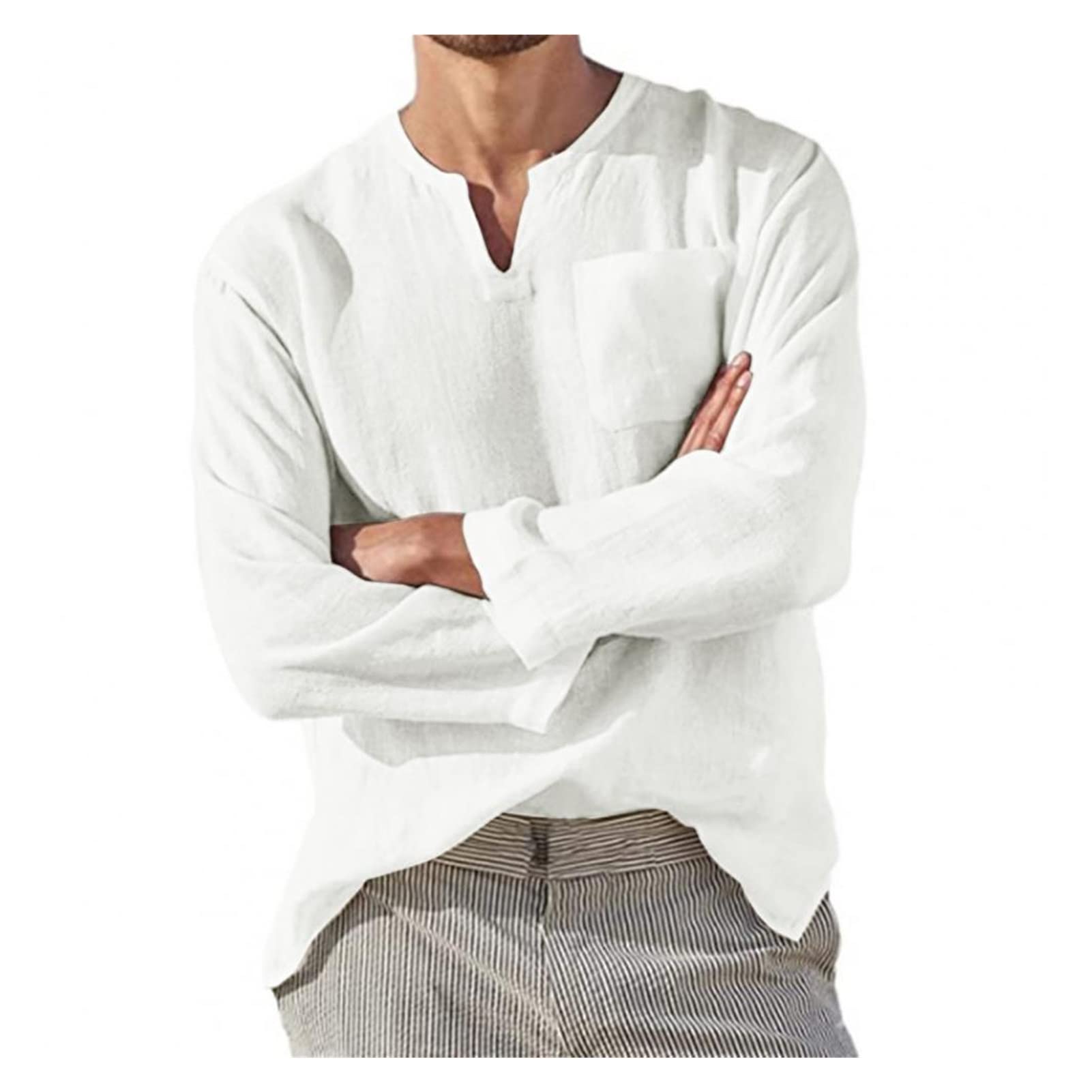 Men's Casual Solid Color Long Sleeve T Shirt Loose V Neck Cotton