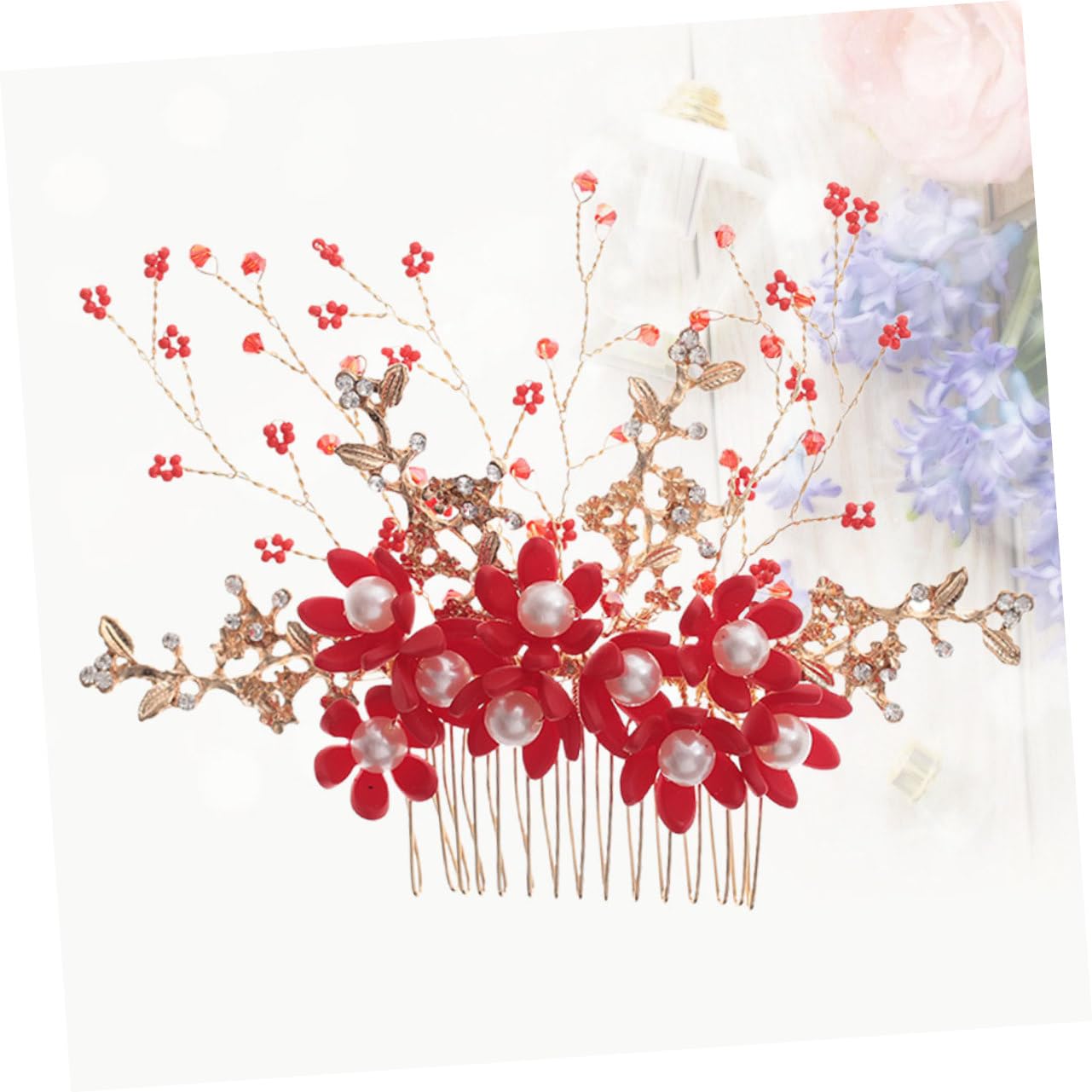 minkissy 3pezzi Pettinino Per Perle Fatte Mano Accessori Da Sposa Eleganti Per Matrimoni e Feste Design Floreale Rosso Per Donne e Ragazze
