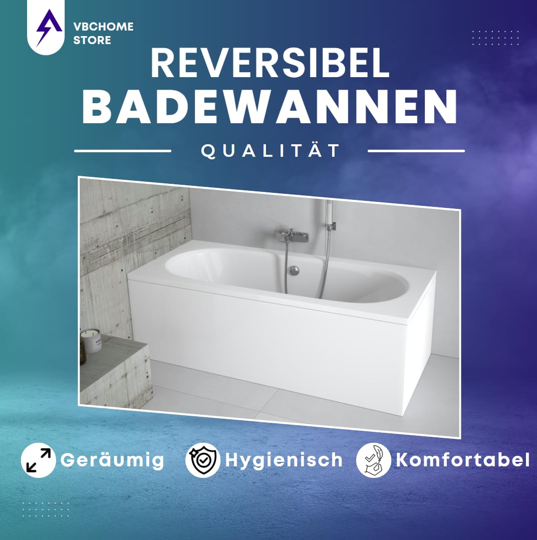 VBChome Badewanne 160 x 75 cm Acryl SET Schürze Siphon Acrylwanne Wanne Rechteck Weiß Design Modern Wannenfüßen Ablaufgarnitur Chrome