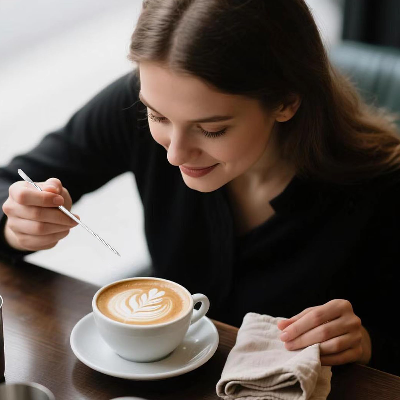 Saupoudreuse Cacao Acier Inoxydable Avec 16 Pochoirs Et Aiguille Latte Art