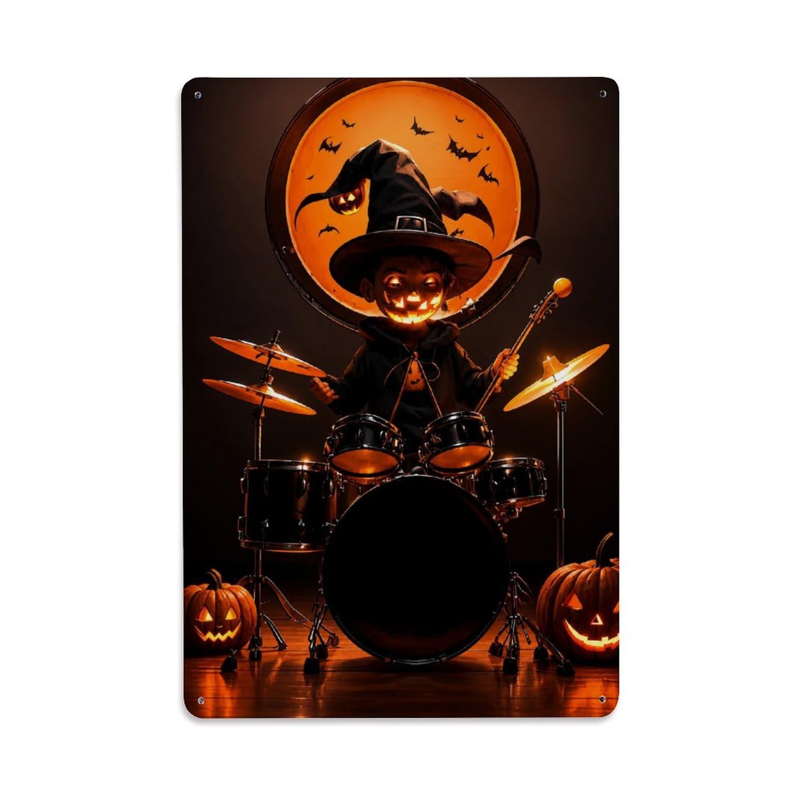 Halloween Music Party Vintage Pumpkin Ghost Drummer Classic Metal Tin Sign Plaque Wall Decor for Cafe, Man Cave, Club Bar, Office, Home Garden Round Metal Poster 8x12Inch