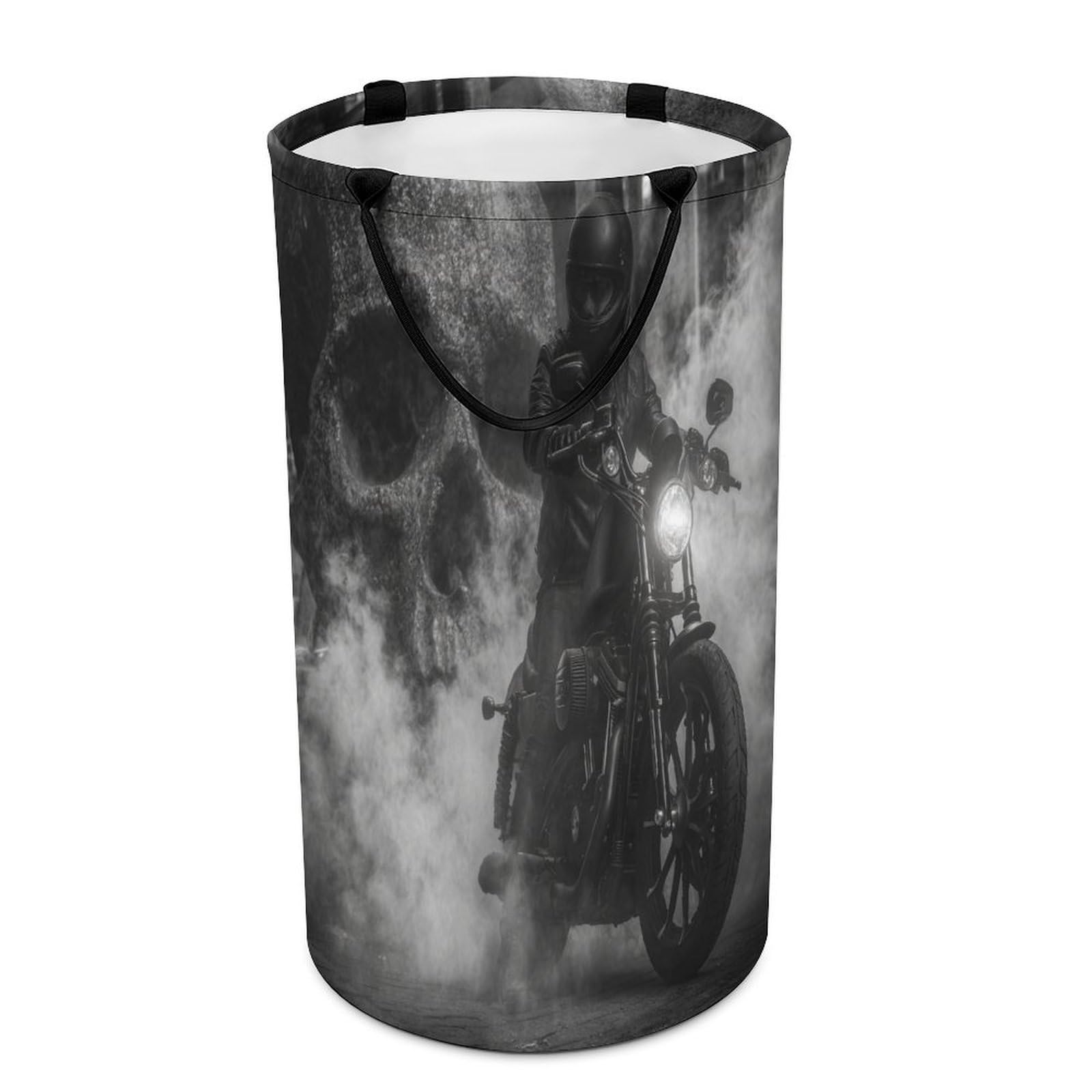 LUYYSKY Cool Abstract Motorbike Rider Collapsible Dirty Clothes Basket, Modern Vintage Extreme Sports Theme Spooky Skull Skeloton Portable Clothes Storage Basket