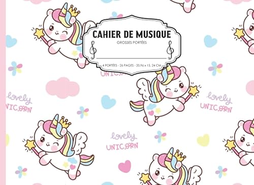 Cahier De Musique Pour Enfant: 4 Grosses Portées | Carnet de Partitions Vierges pour Découvrir le Solfège | Format à l'Italienne, 24 pages | Couverture Licornes Arc en Ciel Superstars