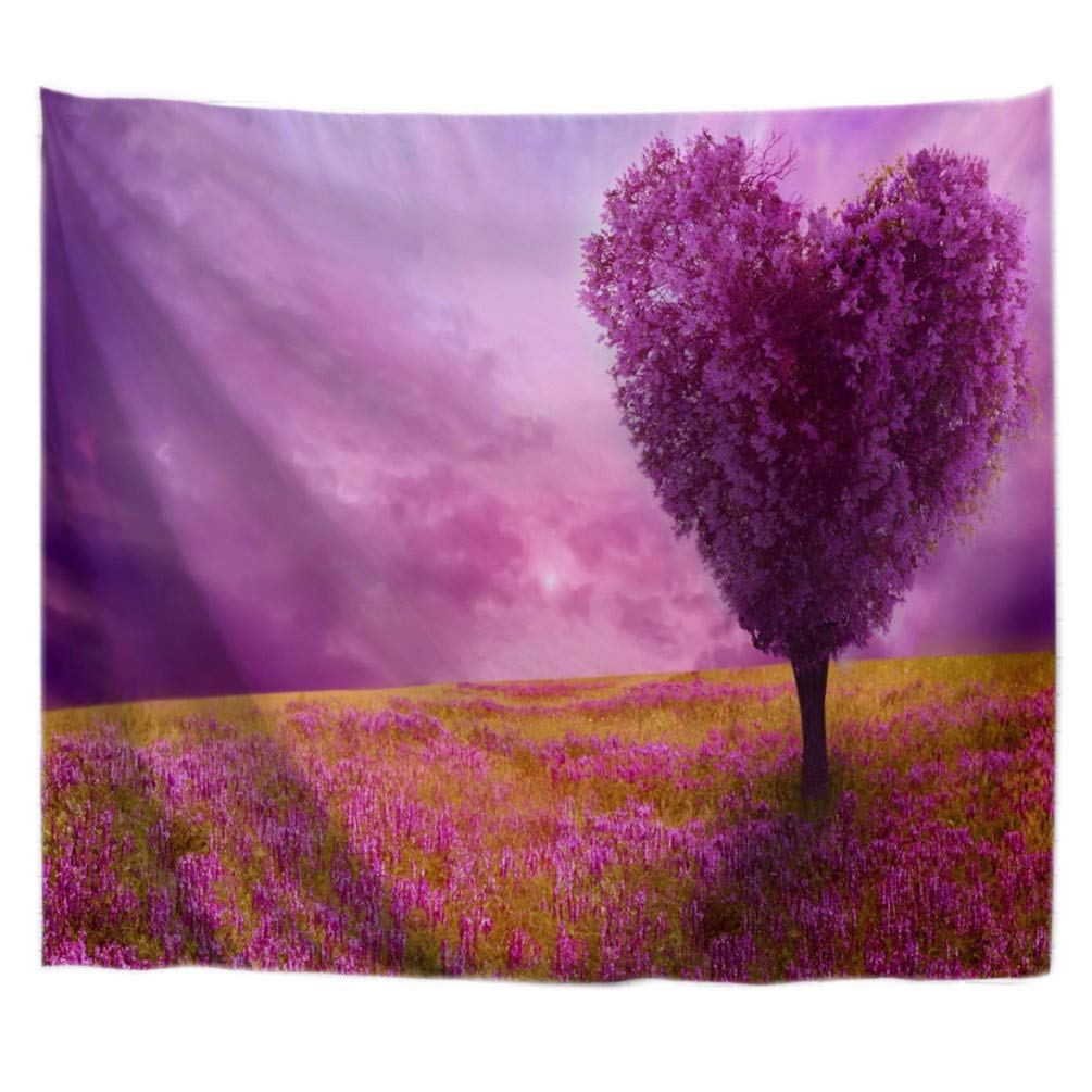 A.Monamour Cloudy Sky Tree Of Love Heart Shaped Purple Tree Flowers In Grass Field Land Spring Nature Landscape Scenery Photography Picture Printed Fabric Wall Hanging Tapestry Wall Decors For Bedroom