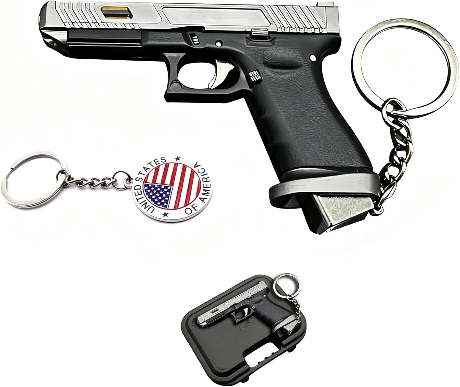 Mini Gun Keychains, Gold/Silver/Black Pistol Shape Key Chain,Miniature Keychain,Novelty Keychain for Men
