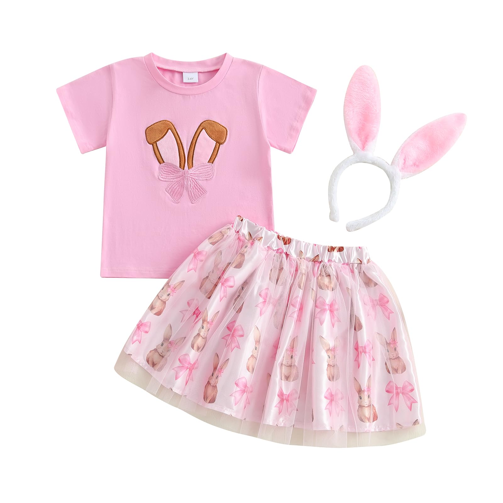 Rtnnsbbfcm Toddler Baby Girl Easter Outfit Short Sleeve Bunny Embroidery T-shirt Top Tulle Skirt Headband 3Pcs Set (Pink, 18-24 Months)