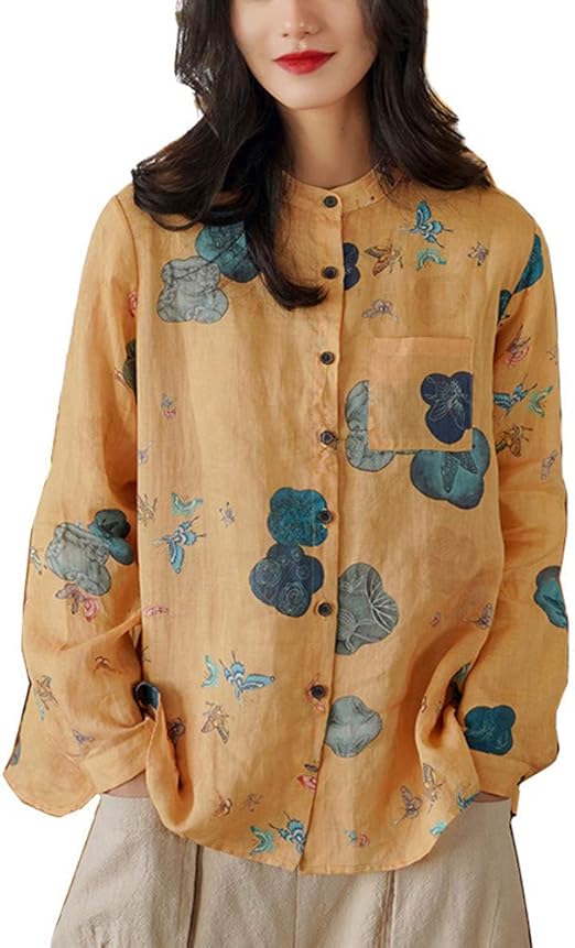 Amazon Dreambuilder ドリームビルダー シャツ 100 本物リネン チャイナ民族服 上質 レディース カジュアル 無地 長袖 春夏 Tシャツ ゆったり 花柄 フリーサイズ イエロー Tシャツ カットソー 通販