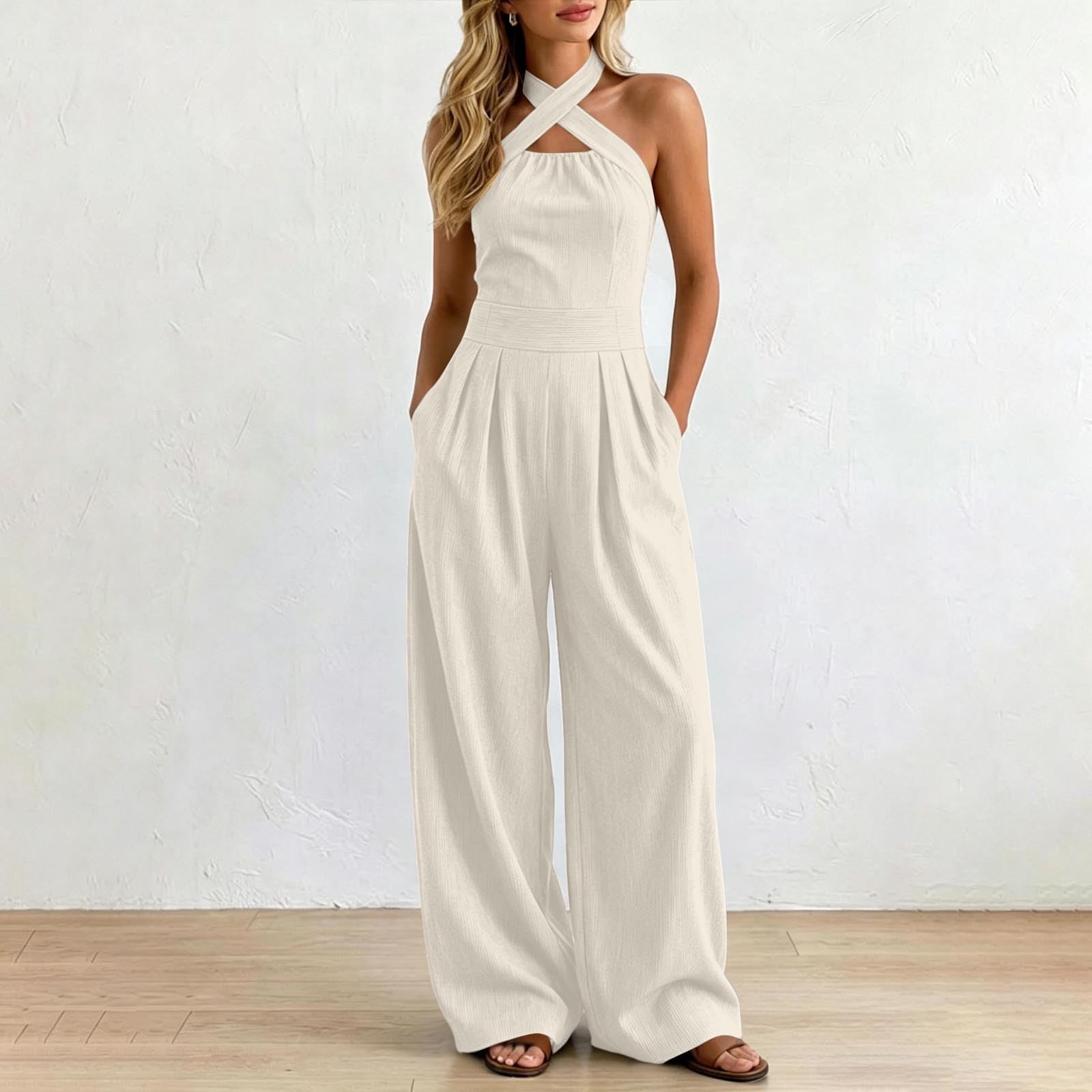 Tuta lunga da donna, estiva, elegante, allacciatura al collo, con scollo a V, tuta intera da donna, per ospiti di nozze, tuta a gamba larga, tuta aderente