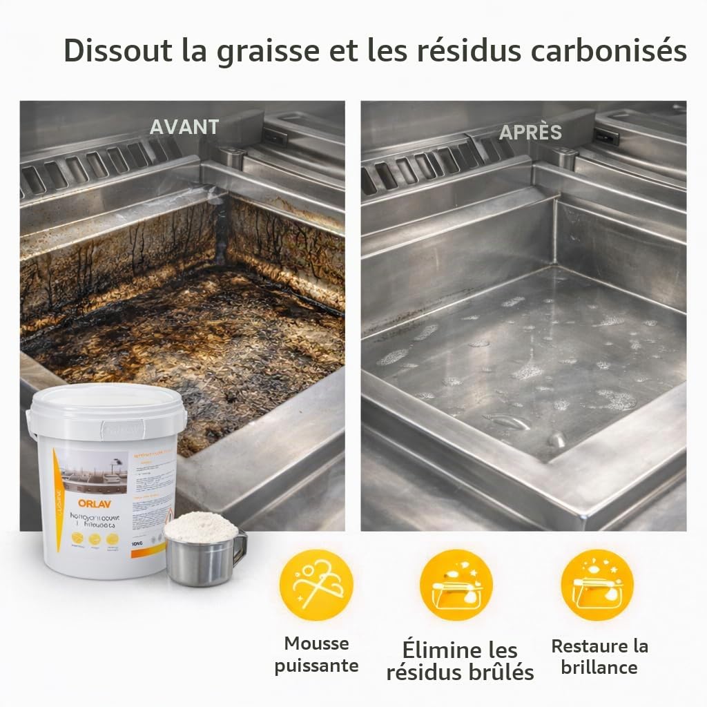 Puissant Détergent en Poudre pour Friteuse 10 kg – Orlav DPF+ – Nettoyant Cuisine Professionnelle – Élimine Graisses Incrustées et Résidus – Usage Restauration, Collectivités et Traiteurs