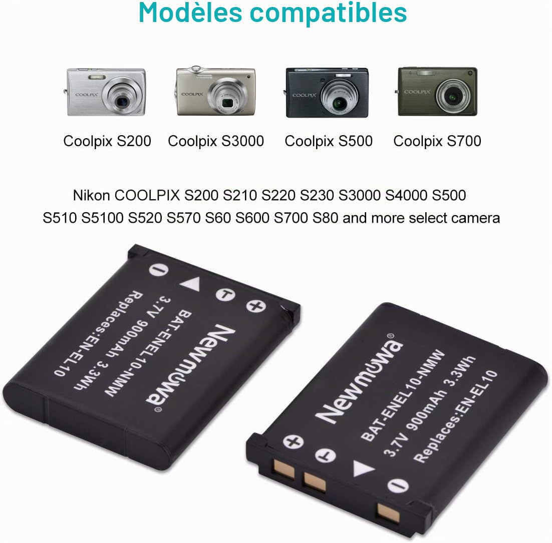 Newmowa EN-EL10 Remplacement Batterie (2 accus) et Chargeur USB Portable Kit pour Nikon Coolpix S60, S80, S200, S202, S203, S205, S210, S220, S225, S230, S500, S510, S520, S570, S600, S700, S3000