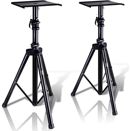 Pyle Dual Studio Monitor 2 Speaker Stand Mount Kit - Heavy Duty Tripod Pair and Height Adjustable from 34" to 53" W/Metal Platform Base - PSTND32, Black