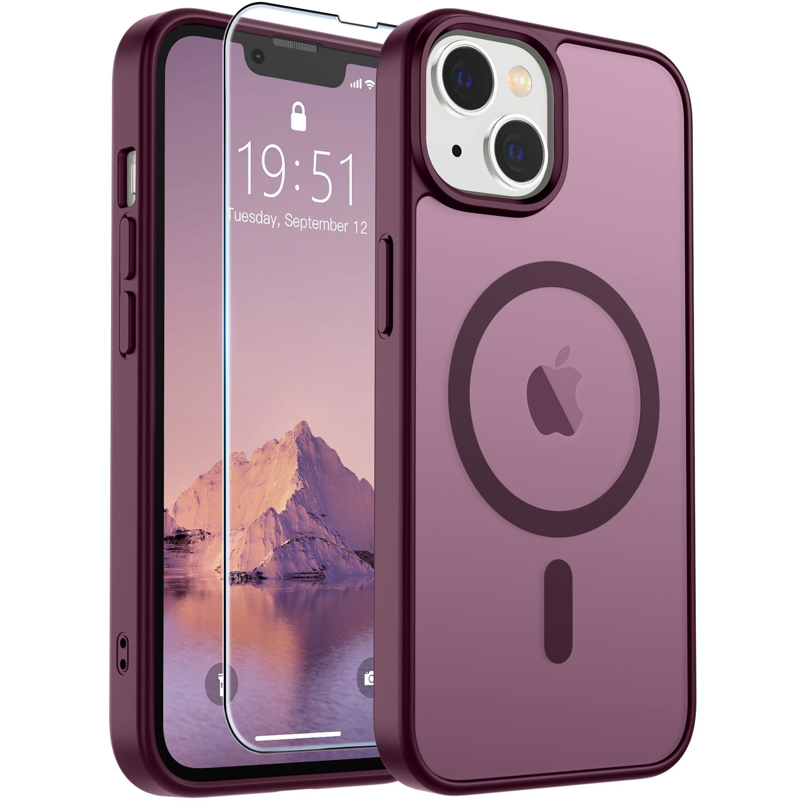 SUPFINE Magnetic for iPhone 13 Case/iPhone 14 Case Wine Red | With Screen Protector, Translucent Matte, Compatible with MagSafe, Military Grade Drop Proof, Rugged Shockproof Protective