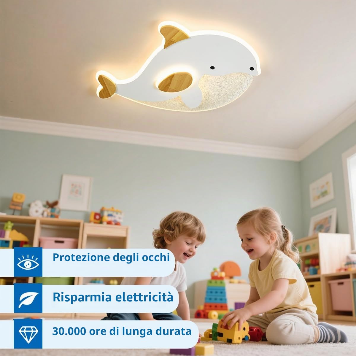Lampadario Camera Da Letto Bambino,Forma Delfino Plafoniera LED Soffitto Bianco E Grano Di Legno,Dimmabile Con Controllo,28W lampadario soggiorno Per Cucina Cameretta,50 * 34Cm
