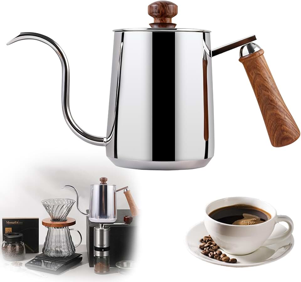 Chaleira Bico de Ganso em Aço Inoxidável 304 com Fundo Triplo, 600ml - Compatível com Indução e Fogão a Gás, Alça de Madeira (Prata)