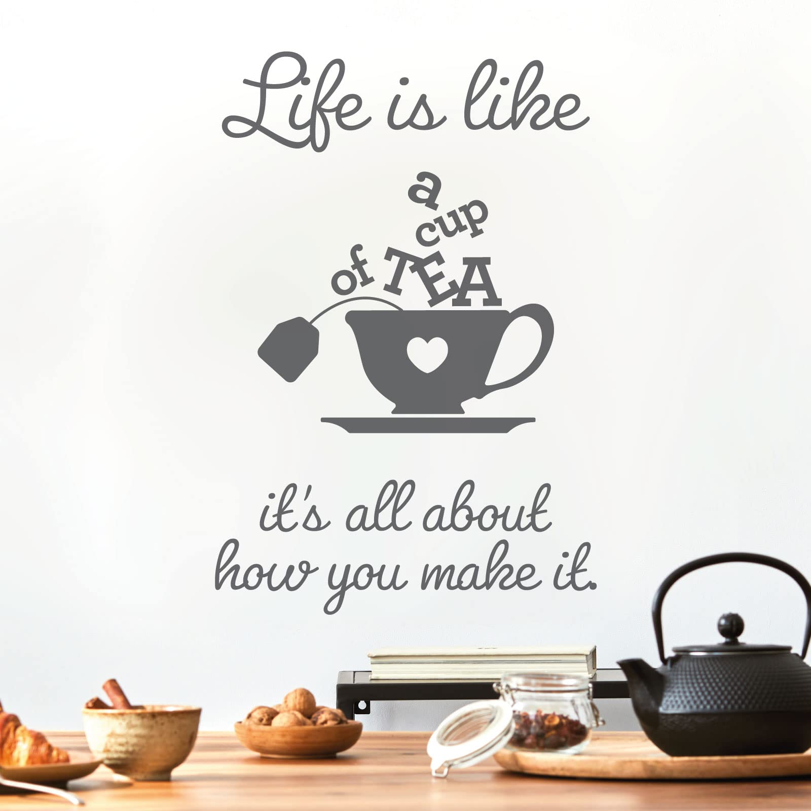 Life is Like a Cup of Tea. It's All About How You Make it - Wall Sticker Quote Kitchen Decal [Large] [Dark Grey]