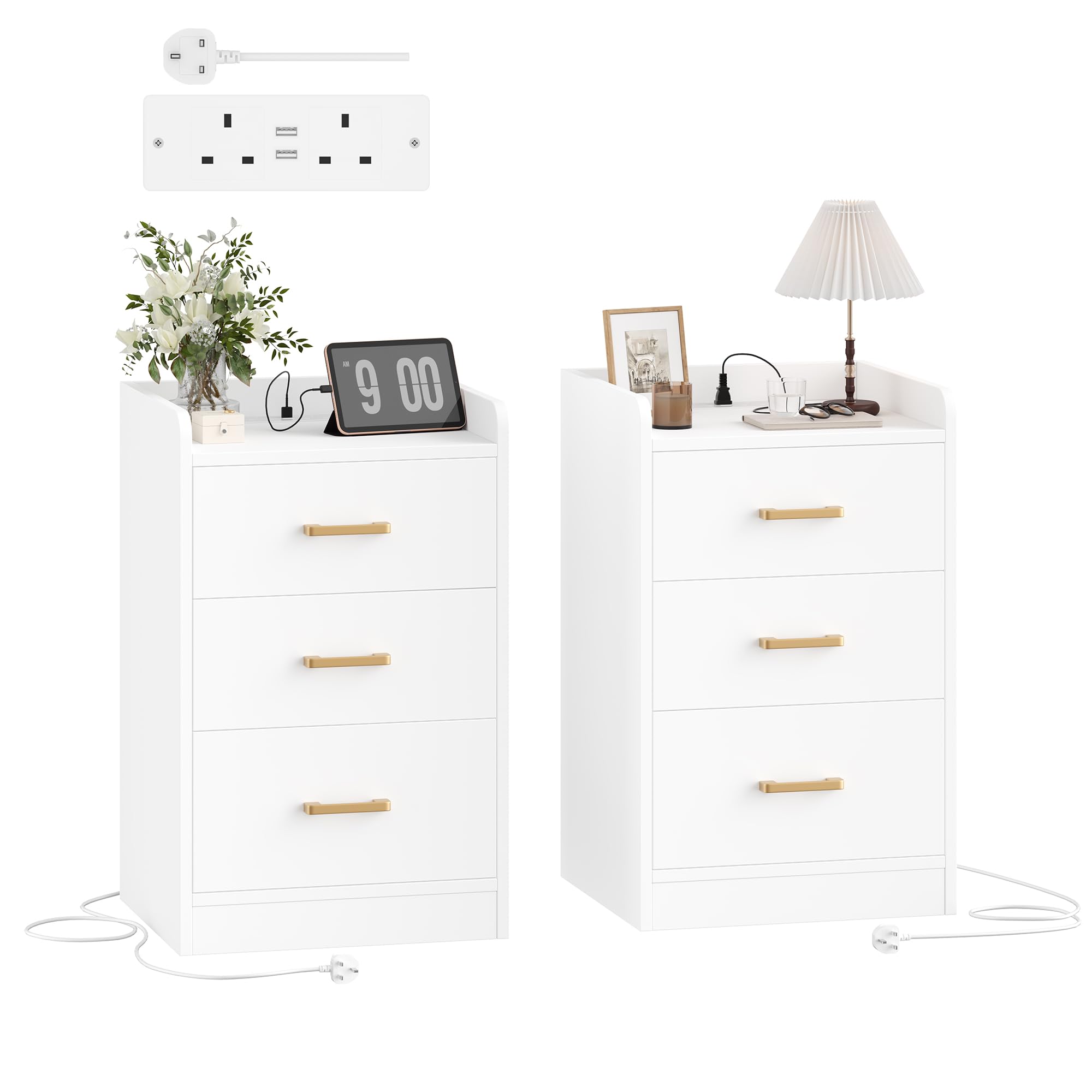 FirFurd 3-Drawer Bedside Table Set of 2 with 2 AC Outlets 2 USB Ports White
