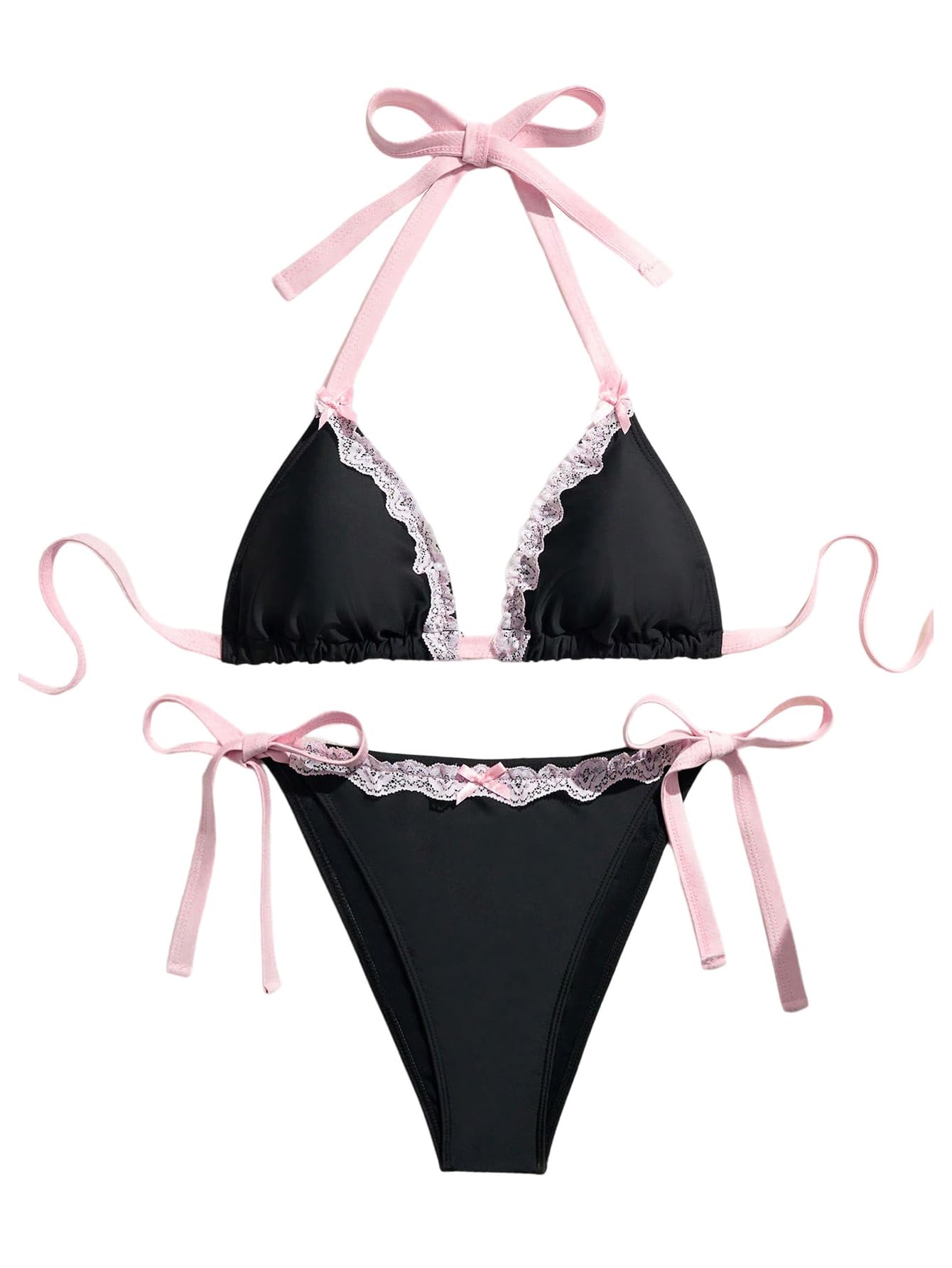 Damski Plus Size Koronkowe Wykończenia Halter Bikini Zestaw Trójkątny Strój Kąpielowy 2-częściowy Strój Kąpielowy Czarny i Różowy XX-Duży