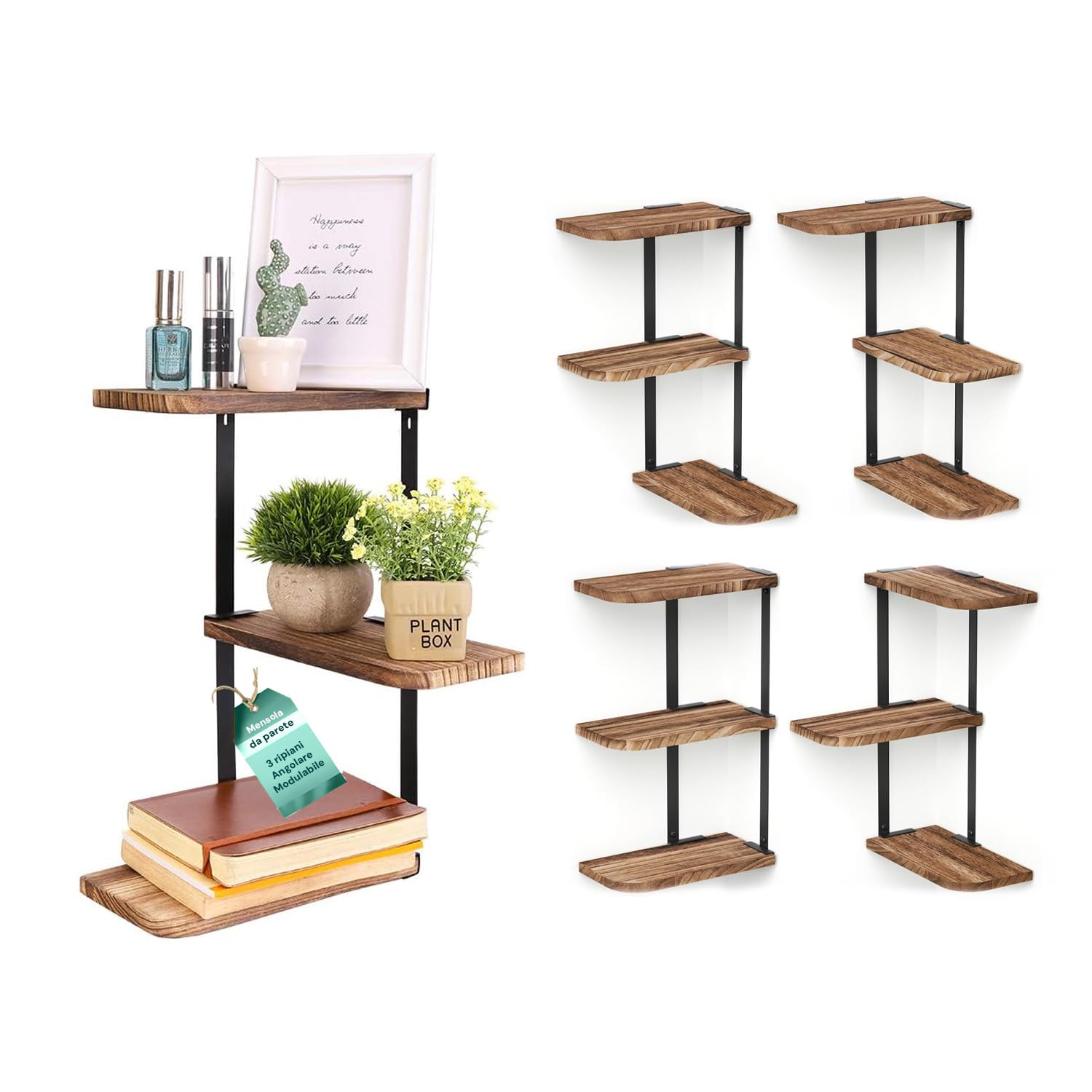Avilia Mensola Angolare da Parete a 3 Livelli - Scaffale Sospeso in Legno Antico e Metallo - Design Vintage Industrial Salvaspazio per Soggiorno, Cucina e Camera - Montaggio ad Angolo