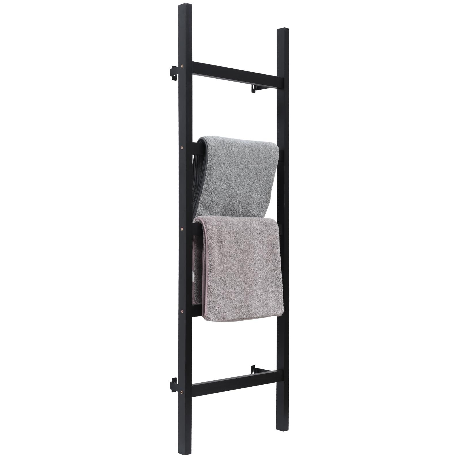 FUIN 57in Wall Mounted Wooden Blanket Ladder Living Room Decorative Farmhouse Quilt Display Holder Rustic Wood Towel Rack for Bathroom, Black