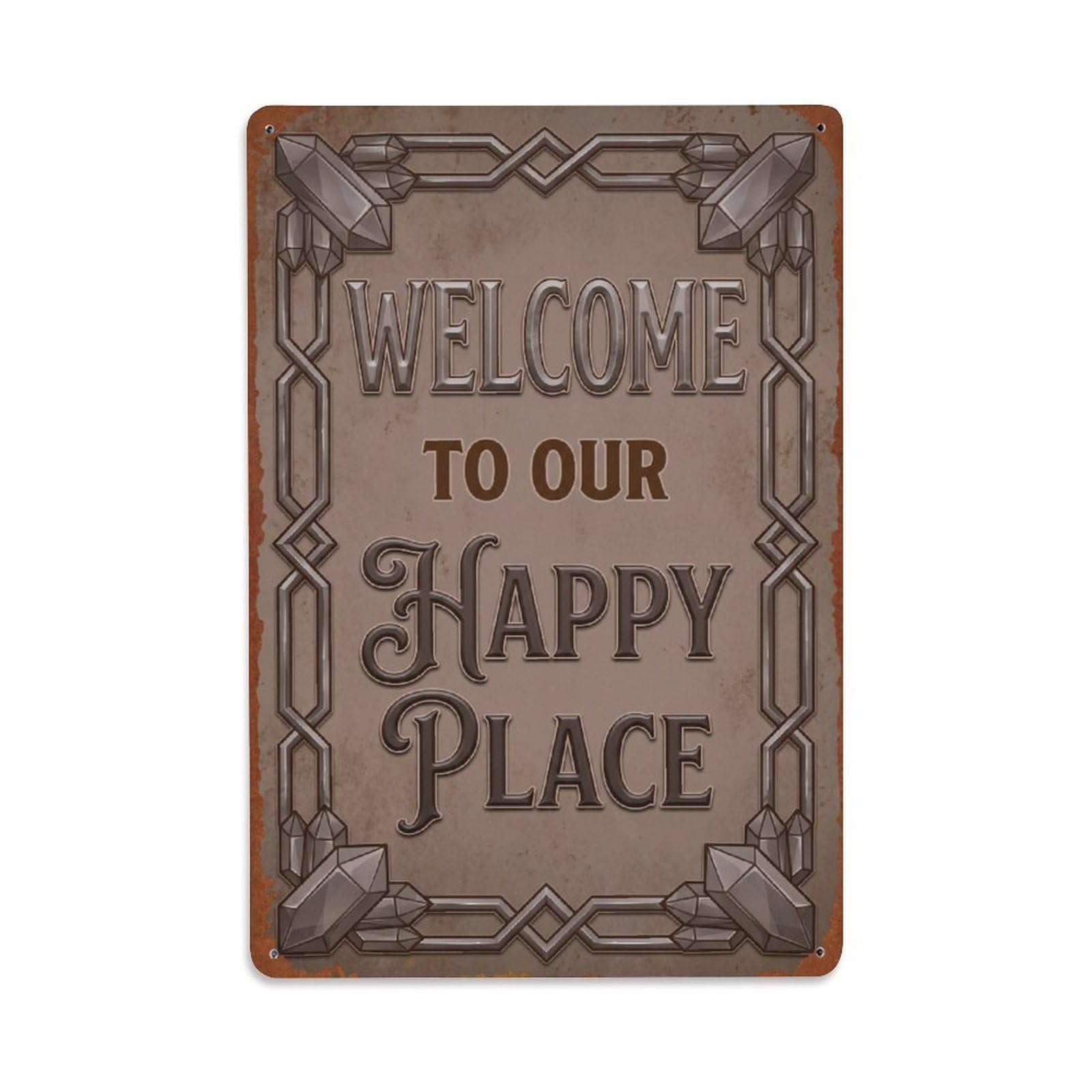 Okngb Style Spruce Branch Welcome Happy Place Floral Frame Motif Metal Tin Sign Plaque Wall Decor For Cafe, Man Cave, Club Bar, Office, Home Garden Round Metal Poster 8X12inch