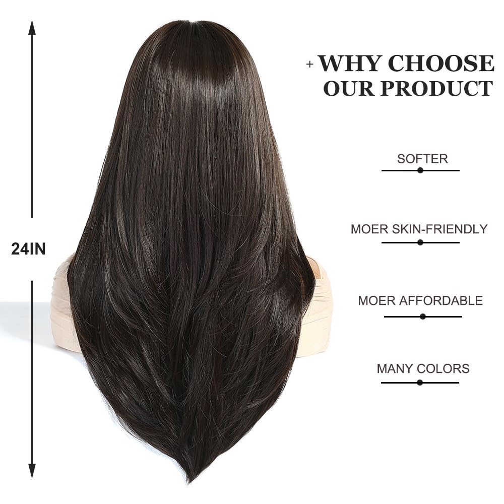Esmee Long Straight Dark Brown Wigs for Women with Fringe Natural Synthetic Hair Wig for Daily & Party Use - Image 4