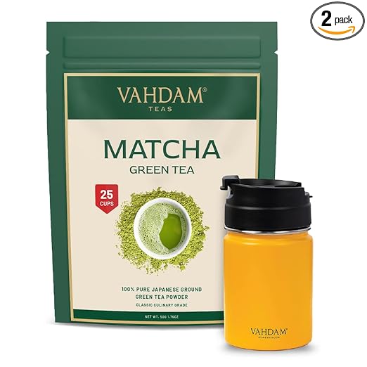 VAHDAM, Vitality Tea Flask 260 ml - Yellow + Certified Japanese Matcha Green Tea Powder - 50 gm (25 Servings) Combo