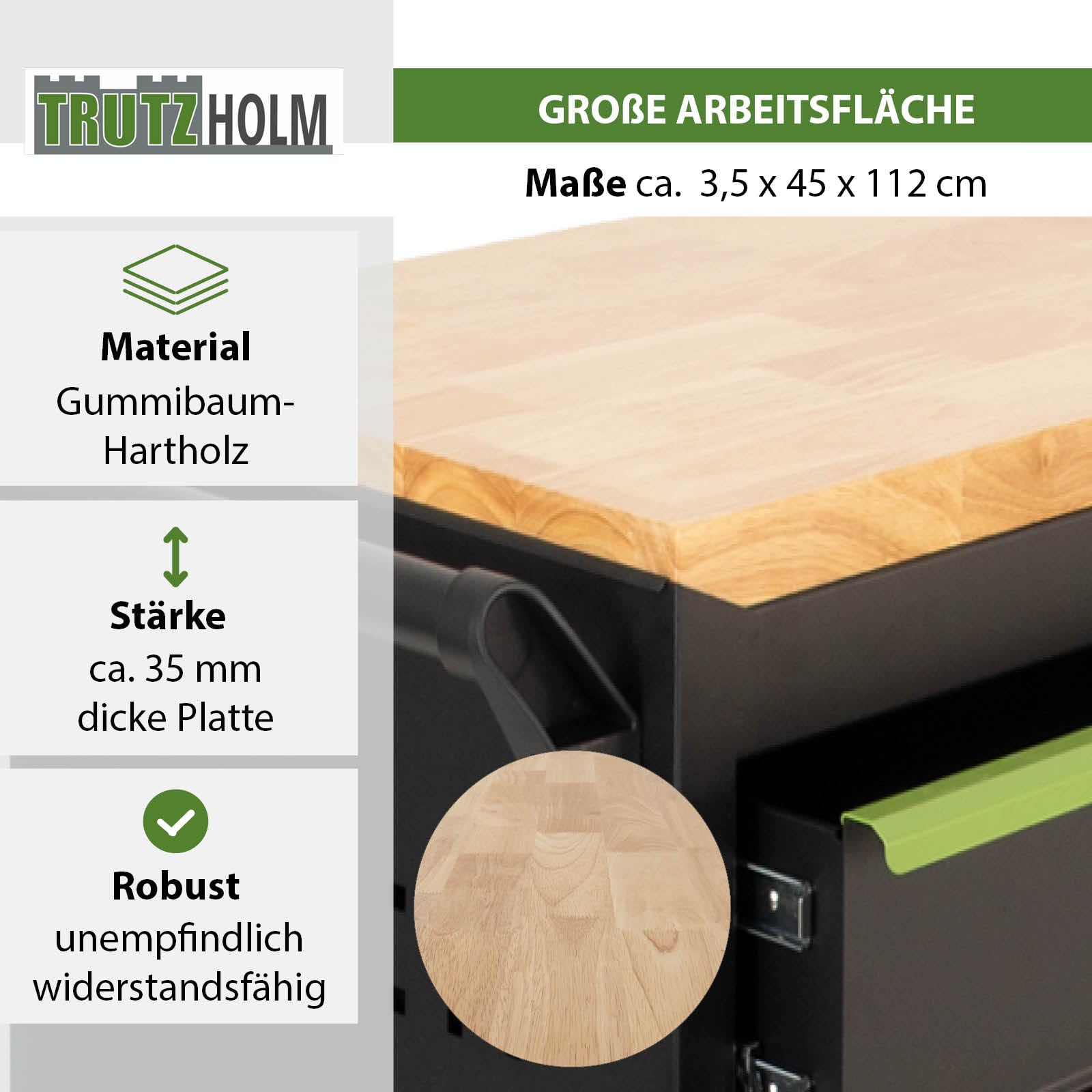 TRUTZHOLM Werkstattwagen Star XL 12 Schubladen unbestück Hartholz-Arbeitsplatte schwarz/grün 103 x 112 cm mit Feststellbremsen, abschließbar