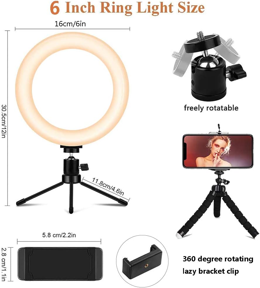 Ring Light,LED Ring Light,Ring Light with Phone Holder,6" Live Streaming Ring Light,USB Powered Mini Desktop LED Lamp 3 Modes&10 Brightness Level for Youtube Video,Selfie,Live Streaming,Tiktok (4inch)