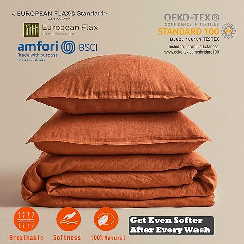 Miniatura 6 de S VICTORY SYMBOL Juego de funda de edredón de lino puro, juego de ropa de cama de 100 % lino francés con 3 piezas lavado a la piedra, 1 funda de