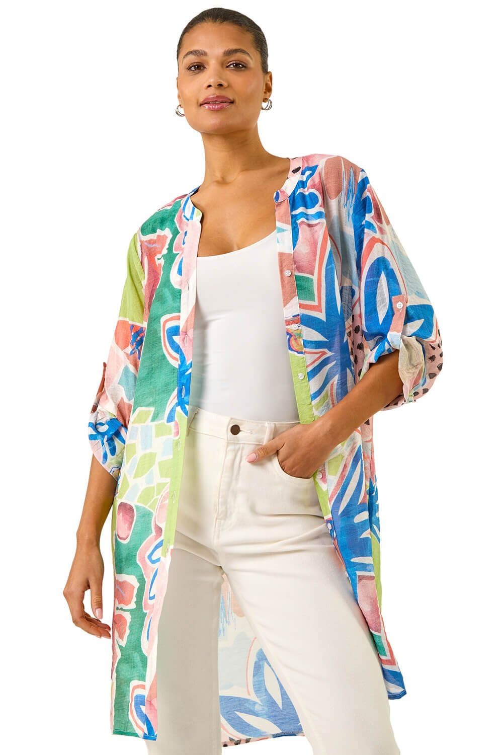 Roman Originals Women's Abstract Peach Roman Floral Print Longline Blouse For Uk - Spring Everyday Summer Holiday V-Neckline Comfy Long Sleeve Soft Button Up Shirt Vacation Beach Tops - Size 14