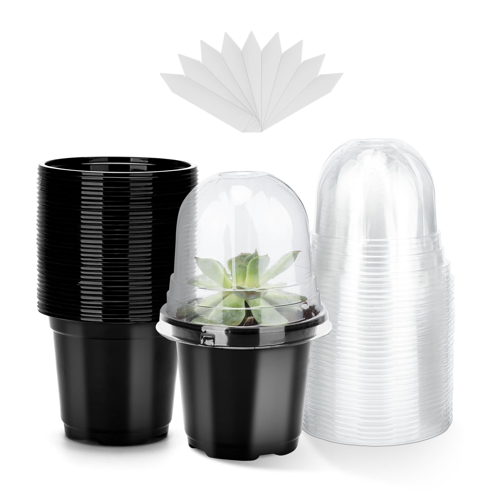 KINGLAKE 12 Pcs 10cm Black Plastic Plant Pots with Humidity Dome, Small Plant Flower Pots Nursery Seedling Pots for Seed, Cuttings, Succulents and 12 Pcs Plant Labels